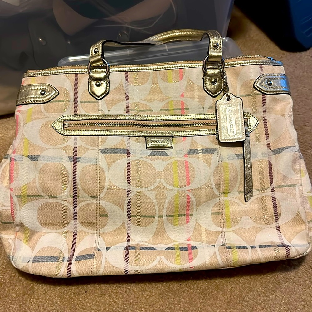 Cream, white, gold, pink and purple large Coach madras tote - Picture 2 of 7